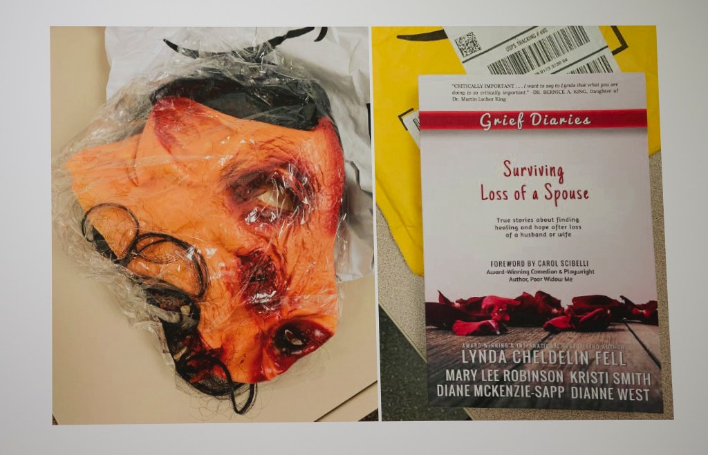 A placard displays photos of the evidence, a bloody pig mask and a book titled 